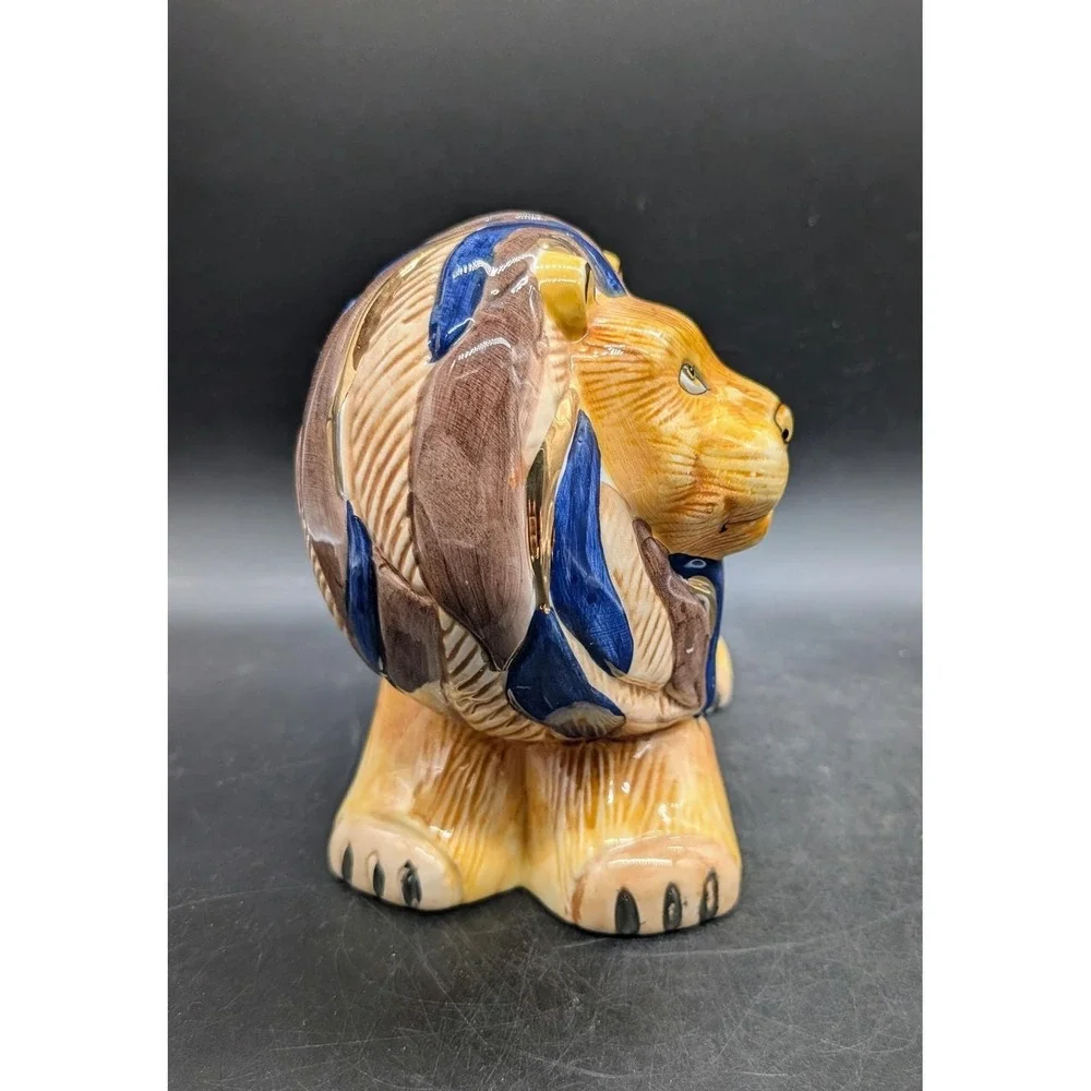 Egyptian Lion Ceramic Coin Bank Pharaoh Headdress Blue Gold Glazed Piggy Bank 8